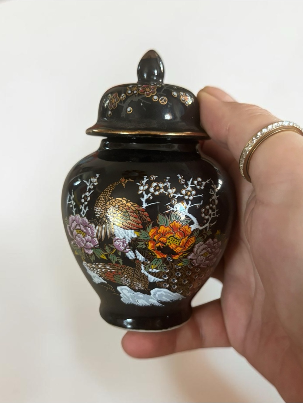 Vintage Black Japanese Ginger Jar Peacock Floral Porcelain Lidded Vase